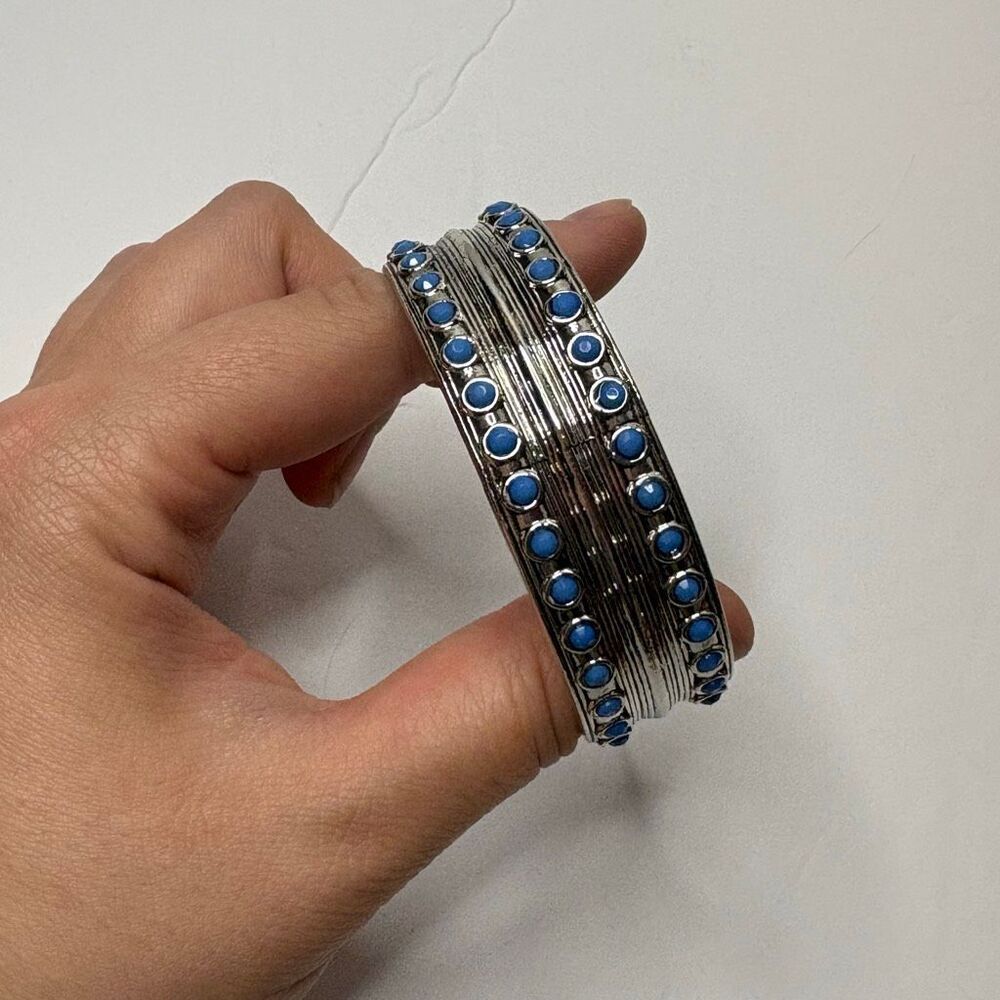 Silver Tone Metal Southwestern Faux Blue Gem Cabochon Cuff Bracelet